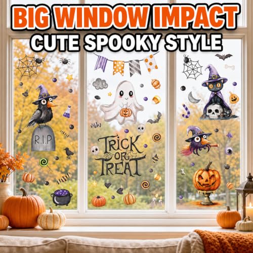 Halloween Window Clings Set - 86pcs Cute Spooky Ghost, Black Cat, Spider & Pumpkin - Variation Halloween1