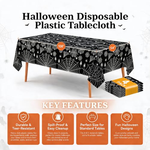 Halloween Spider Web Tablecloth - Black Plastic Disposable Cover - 8 Pack Variation 1