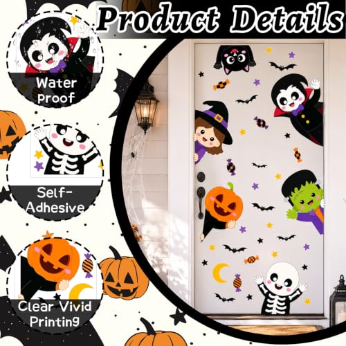 Halloween Door Sticker Set - 44.88 x 15.75 Inch Pumpkin Witch Ghost Green Monster - Variation Halloween-5