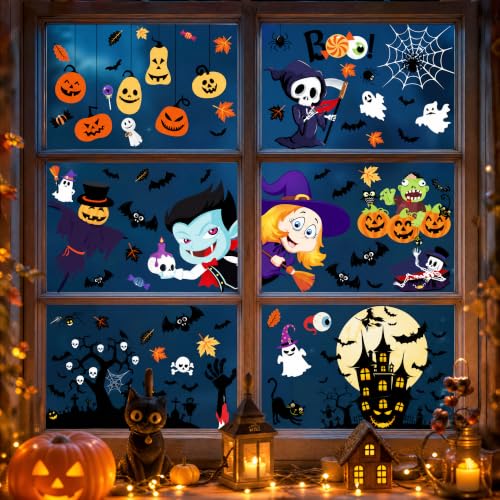 Halloween Window Clings - 9 Sheets Spooky Decorations for Home & Party - Witch Ghost Pumpkin