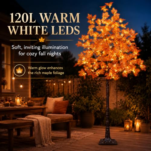 6FT Artificial Lighted Maple Tree with 120LED Warm White Lights - Fall Decor
