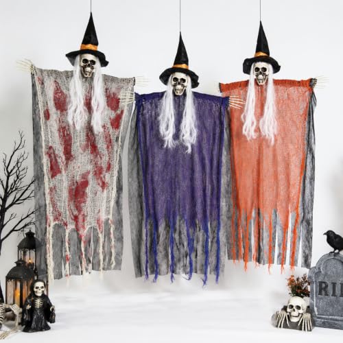 Halloween Skeleton Decorations Set - Red & Orange 43 Inch Hanging Spooky Decor with Poseable Arms for Porch Yard & Party