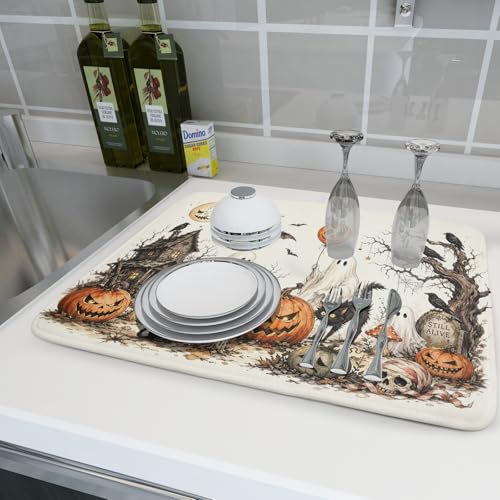 Halloween Pumpkin Ghost Dish Drying Mat - Black Cat Microfiber Kitchen Pad 18x24 Inch
