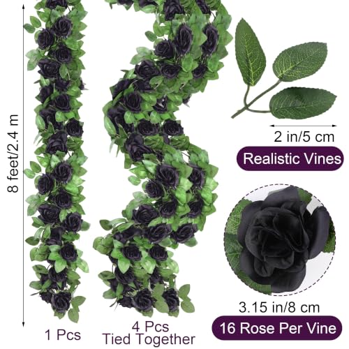 Black Halloween Artificial Flower Garland - 4 Pack, 32 Feet Long Vines with Roses