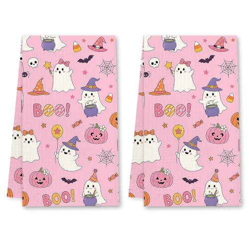 Halloween Kitchen Towels Set - Ghost Pink Dish Hand Towels, Variation of Towel3