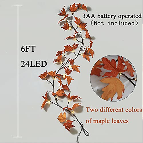 Lighted Maple Leaf Garland with Timer - 6FT Fall Indoor Outdoor Decor - Orange