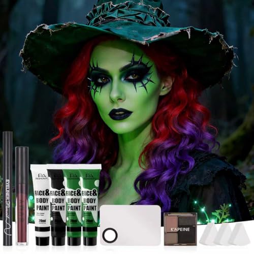 Witch Makeup Kit for Halloween Face Paint SFX Costume - Green Face Paint, Brushes, Lashes