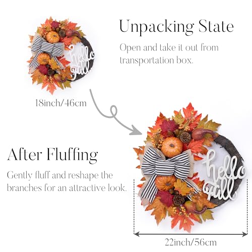 Brown 22-Inch Collapsible Fall Wreath with Pumpkins and Lights - Rustic Door Decor