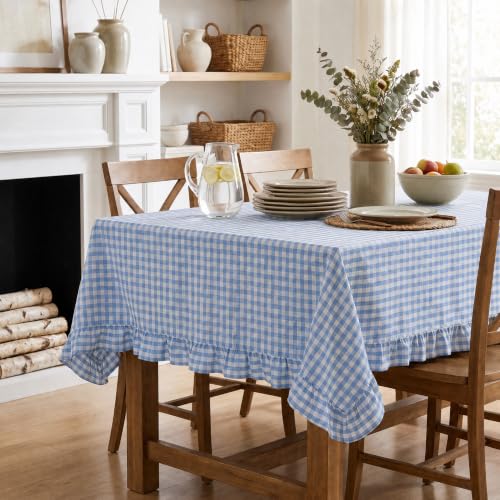 Horaldaily Blue Gingham Ruffled Table Cloth - 60x140 Inch Rectangular Home Decor