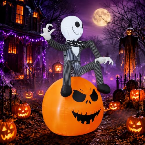 6Ft Inflatable Halloween Skeleton and Pumpkin Yard Decoration with LED Lights