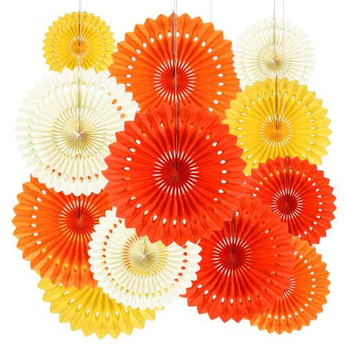 Orange & Yellow Paper Fans Fall Party Decorations - 12PCS Tissue Paper Fans for Girl Birthday Baby Shower Wedding Halloween Thanksgiving Autumn Room Wall Hanging