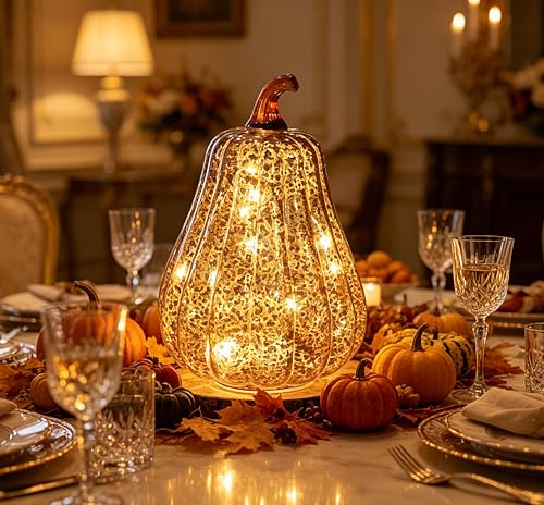 Mercury Glass Pumpkin Lights with Timer - Fall Home Decor - Coffee