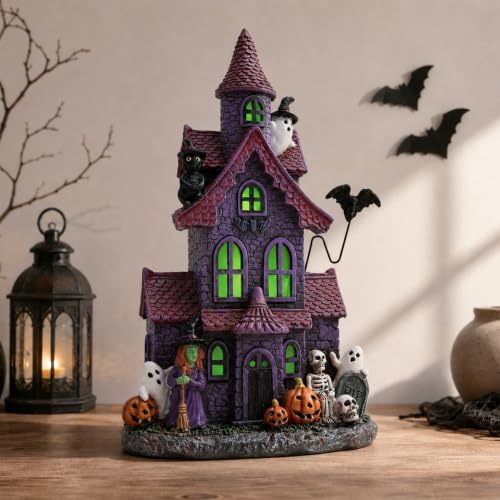 Halloween Village Figurine Set - Haunted House Decor with Purple Lights
