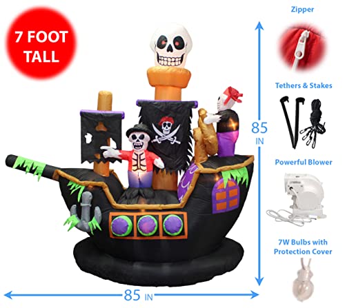 7 Ft Halloween Inflatable Skeletons & Ghosts on Pirate Ship with Lights