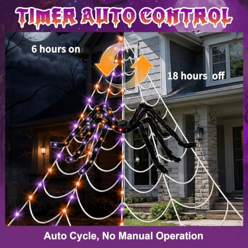 Halloween Spider Web Lights Decoration with Giant 59-Inch Spider - Orange & Purple LED