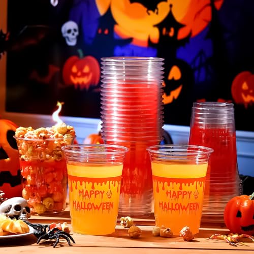Halloween Plastic Cups 16 oz Blood Print - 100 Pack, Blood Red Variation