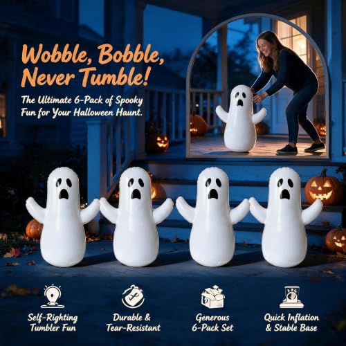 6 Pack Inflatable Ghost Decorations for Halloween - Wobble Yard Decor, 18 Inches