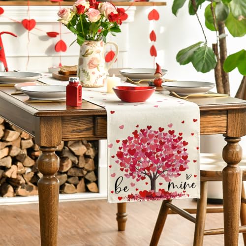 Heart Tree Valentine's Table Runner 13x72 Inch Beige-Red Home Decor