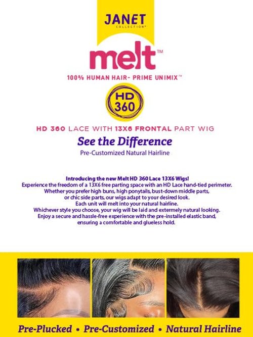 Janet Collection melt HD 360 HUMAN HAIR BLEND PRIME UNIMIX Hand-Tied 13X6 Frontal Baby Hair Transparent Lace GLUELESS TUPI WIG With SOFT YAKY TEXTURE. (COLOR# DR TOFFEE)
