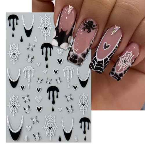 Halloween Spooky Nail Stickers - Black & White Spider Web Blood Heart Ghost Decals - 6 Sheets