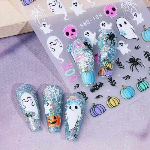 Halloween Nail Stickers - Cute Ghost Spider Pumpkin Bat Skull 3D Decals for DIY Manicure