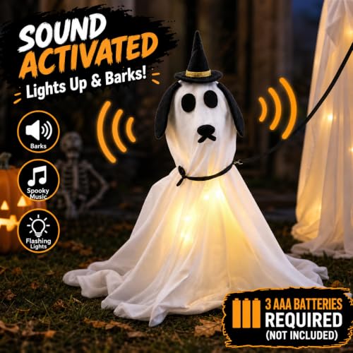 Outdoor Halloween Light-Up Ghost with Barking Ghost Dog - White, One Size