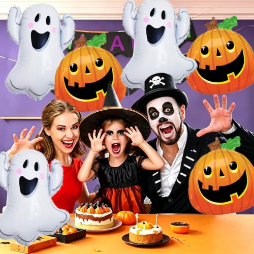 Orange Halloween Balloons Set - Ghost & Pumpkin Inflatable Party Decorations, 6 Pieces