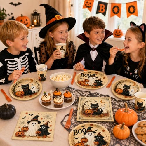 Halloween Party Supplies Set with Plates Cups Napkins Cutlery Ghost Black Cat Design