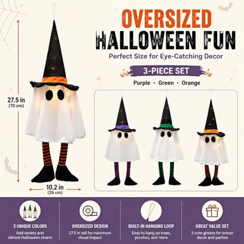 Halloween Ghost Hanging Decoration Set with LED Lights - 3pcs