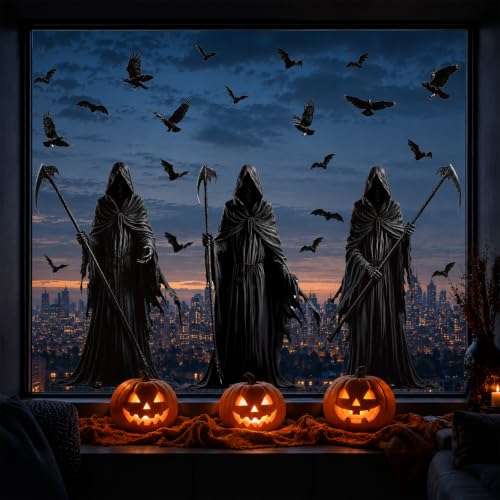 Halloween Grim Reaper Window Clings Decor Set - Extra Large Spooky Decals for Glass