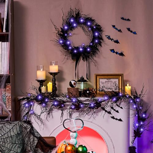Black 16-Inch LED Halloween Wreath with Battery Timer - Spooky Decor