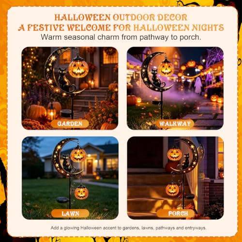 Halloween Garden Stake Light with Lantern and Black Cat Silhouette, Solar Outdoor Decor