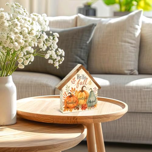 Hello Fall 03 Pumpkin Thanksgiving House Shaped Wooden Sign - Autumn Decor