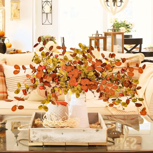 Autumn Orange 8 Pcs Fall Eucalyptus Stems with Pumpkins - Fall Home Decor