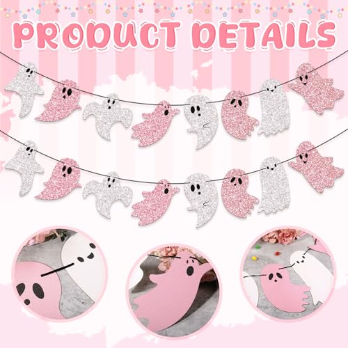 Pink Halloween Ghost Garland Banner - 8.2 ft, Glitter, 4 Pieces, Variation 4