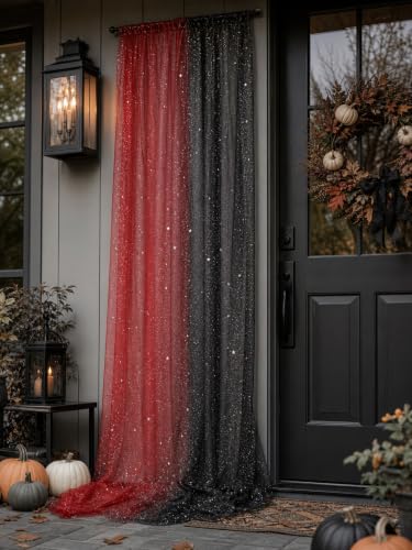 Black & Red Sequin Sheer Table Runner 120 Inch - 6pcs, Gauze Tulle Holiday & Wedding Decor