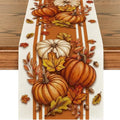 Fall Table Runner Orange Pumpkin Maple Leaf Stripes 13x36 Inch Seasonal Autumn Kitchen Decor