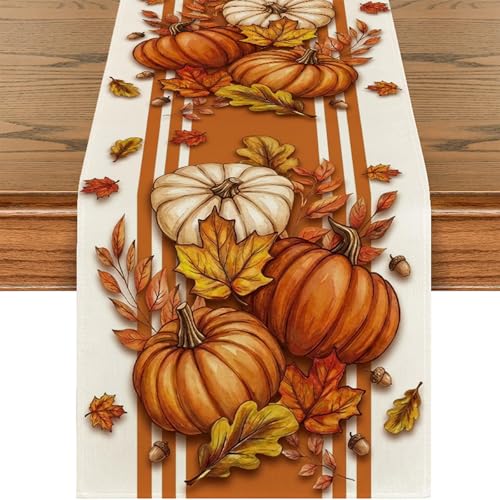 Fall Table Runner Orange Pumpkin Maple Leaf Stripes 13x36 Inch Seasonal Autumn Kitchen Decor