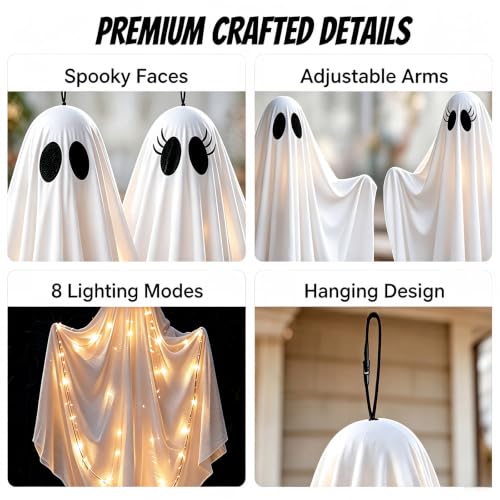 Light Up Hanging Ghost Halloween Decorations - Outdoor Indoor Spooky Ghosts Set