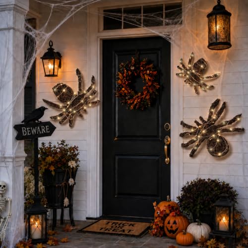 Fake Spider Decor Set with Rattan Woven Legs & String Lights - Halloween Props, 3 Sizes
