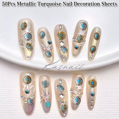 Turquoise Nail Charms Set - 50pcs 3D Metallic Gems for Nail Art DIY