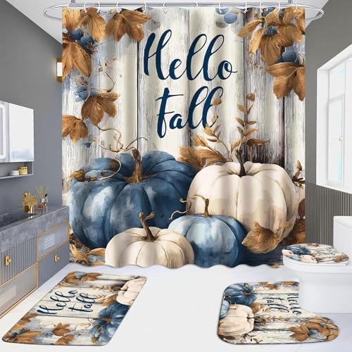 Blue Pumpkin Fall Shower Curtain Set with Bath Mats - Rustic Autumn Bathroom Decor