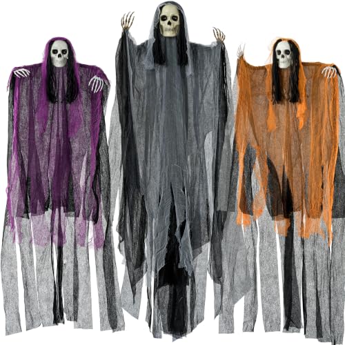 Halloween Hanging Grim Reaper Decoration Set - Tattered Skeleton & Flying Ghosts, 47 & 63 Inches, Outdoor Indoor Spooky Decor