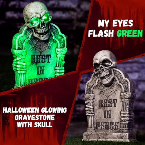 Halloween Animatronic Tombstone with Skull & Green LED Lights, Sound & Motion Activated - Green Variation
