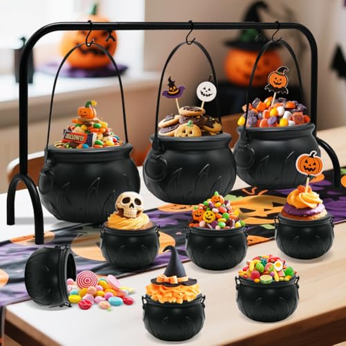 Halloween Cauldron Set with Rack - 3 Large & 6 Mini Black Plastic Cauldrons for Party Decor