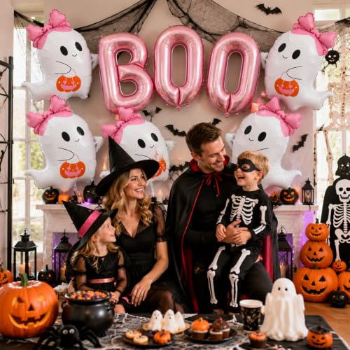 Pink Boo Balloons Halloween Decorations Foil Ghost Balloons - Pink Bow