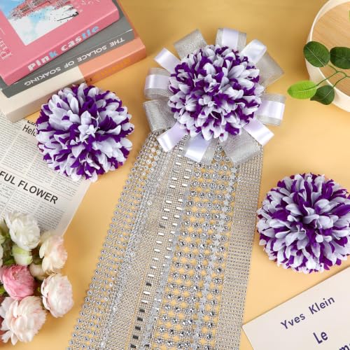 Artificial Homecoming Mum Flower Set - White and Purple, 4 Pieces, 6.5 Inches