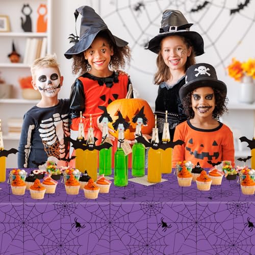 Purple Halloween Spider Web Tablecloths - 2 Pcs Disposable Rectangular Cover, 108 x 54 Inches