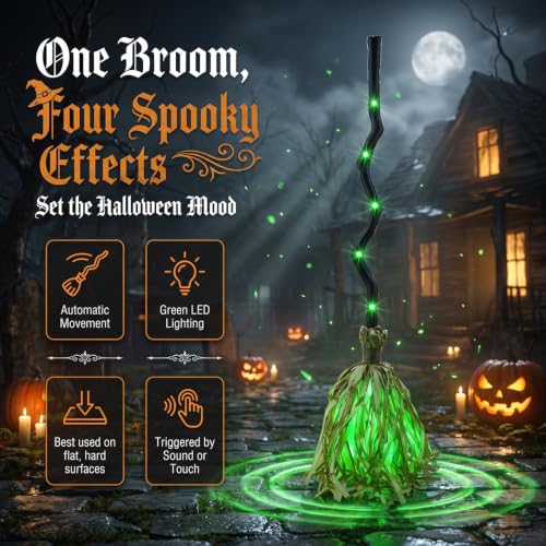 Animated Halloween Witch Broom Lighted Prop - Spooky Green LED, Sound & Motion