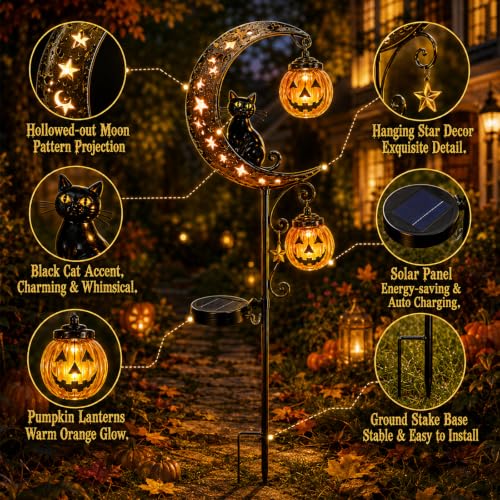 Solar Halloween Black Cat & Pumpkin Moon Garden Stake Light - Style C